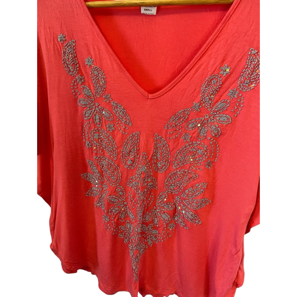 Women’s Top Coral Beaded Small Short Sleeve Loose Fit Shirt S - Picture 3 of 10